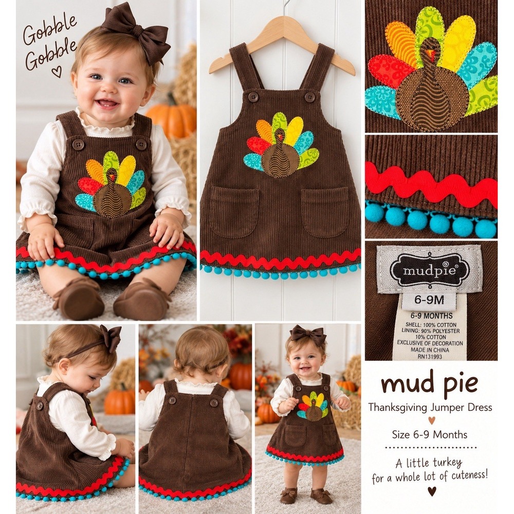 Mud Pie Baby Girl 6-9 M Thanksgiving Turkey Corduroy Jumper Dress Appliqué, Fall